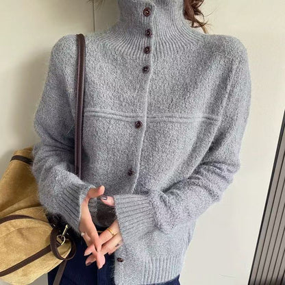 Damen Strickjacke Hochkragen Knopfdetails Eveloria