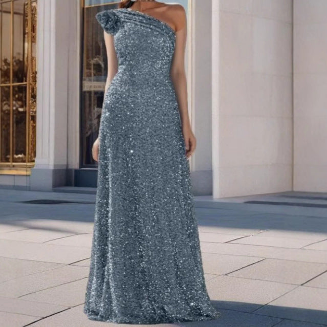 Damen Maxikleid Schulterfrei Pailletten Schwarz - Eveloria