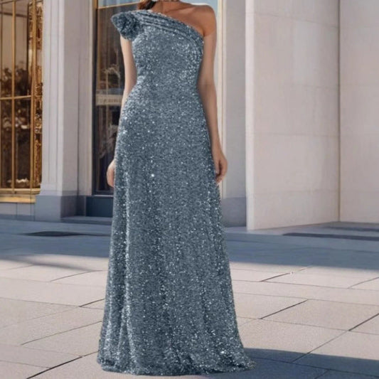 Damen Maxikleid Schulterfrei Pailletten Schwarz - Eveloria