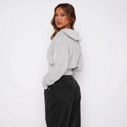 Damen Strickcardigan Kurz Zopfmuster Reißverschluss Eveloria