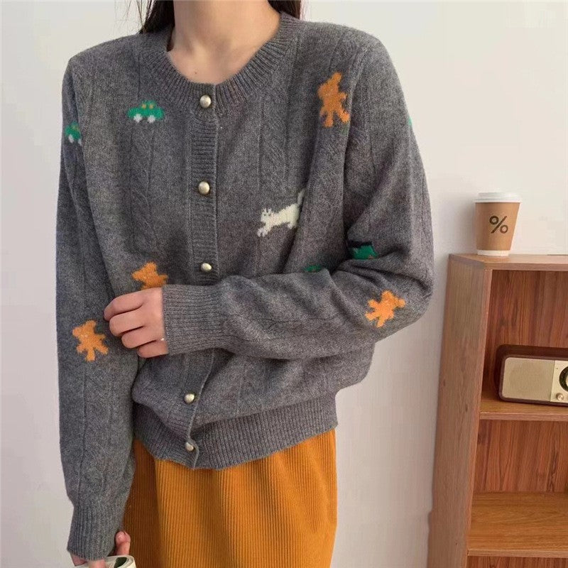 Damen Strickjacke Bunt Motiv Dekorative Knöpfe - Eveloria