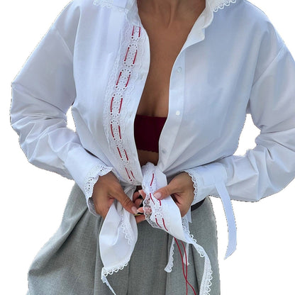 Damen Hemd Spitzenakzente Schnürdetail Eveloria