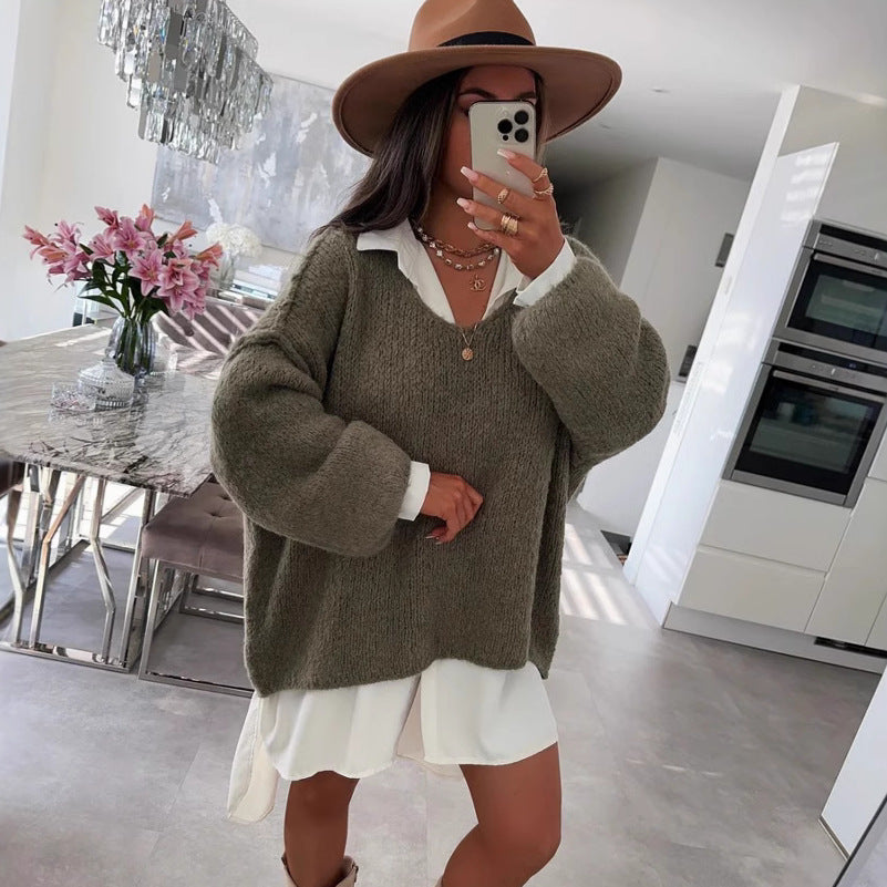 Damen Oversized Pullover Weich Voluminöse Ärmel Beige Eveloria