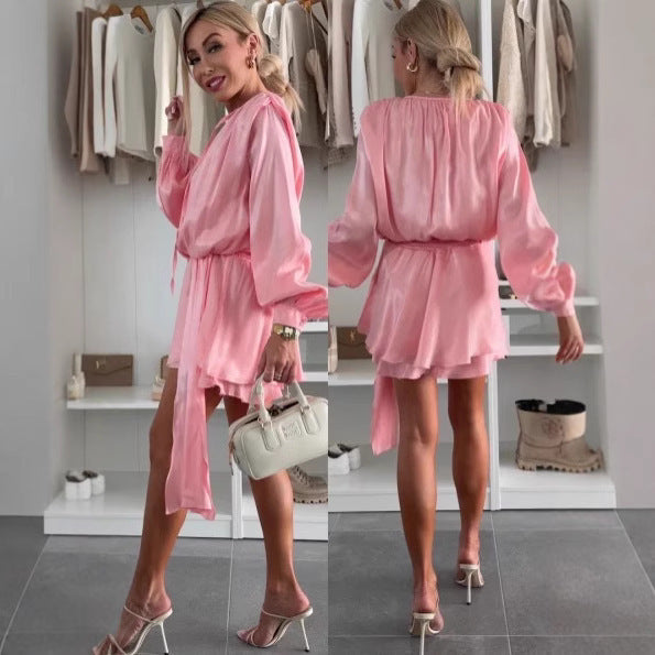Damen Wickelkleid Seidig Glänzend Eveloria