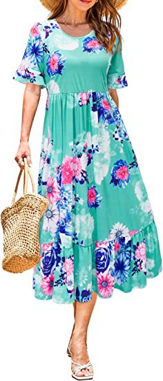 Damen Midikleid Floralmuster Rüschenabschluss Eveloria