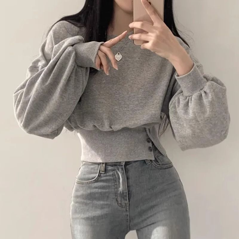 Damen Cropped Sweatpullover Puffärmel Eveloria