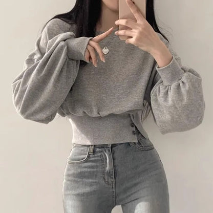 Damen Cropped Sweatpullover Puffärmel Eveloria