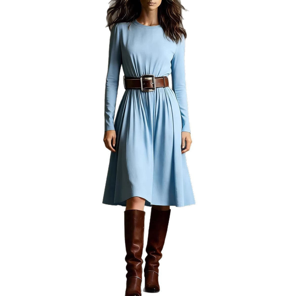 Damen Elegantes Kleid Langarm Taillengürtel Eveloria