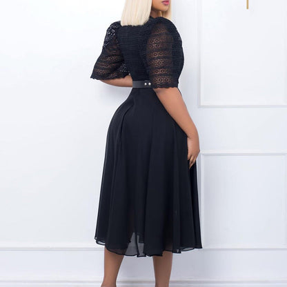 Damen Maxikleid Spitze Taillengürtel Eveloria