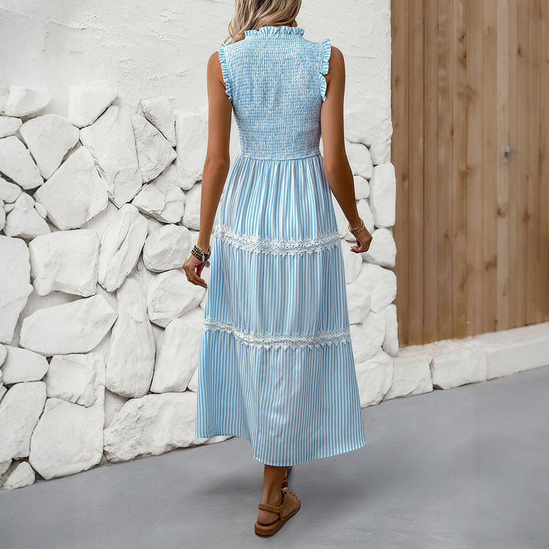 Damen Maxikleid Gestreift Voluminöse Rüschen Weiss