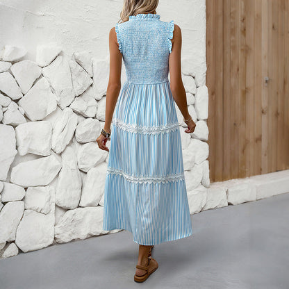 Damen Maxikleid Gestreift Voluminöse Rüschen Weiss