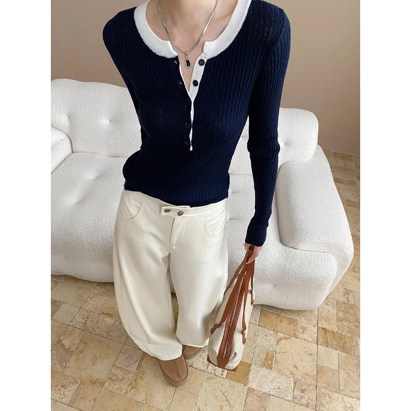 Damen Henley-Pullover Rippstruktur Lässig Eveloria - Eveloria