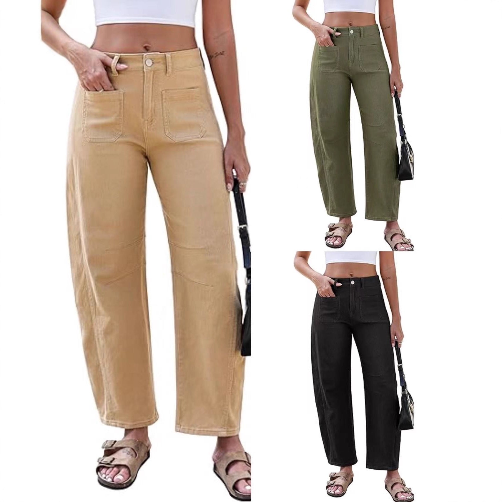 Damen Weite Jeans Hochtaillig Mit Taschen Blau Eveloria - Eveloria
