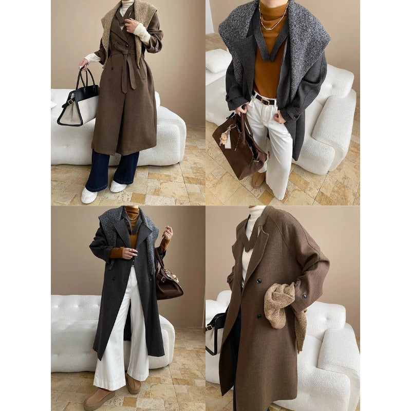 Damen Mantel Lang Abnehmbarer Kragen Taschen Eveloria