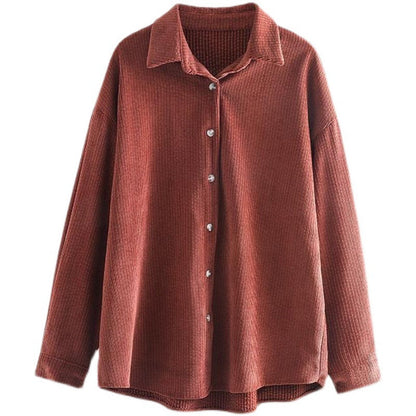 Damen Cordbluse Langarm mit Struktur und Knöpfen Braun