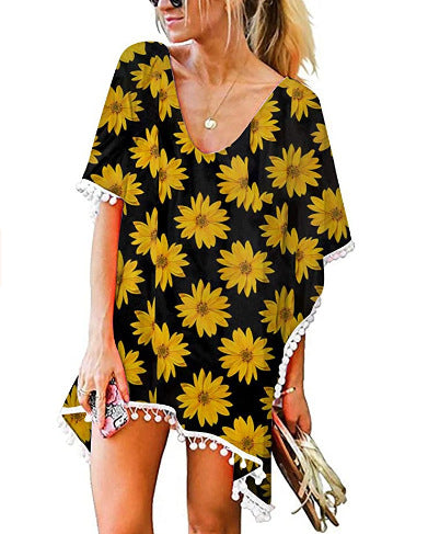 Damen Strandtunika Florales Design Poncho-Art