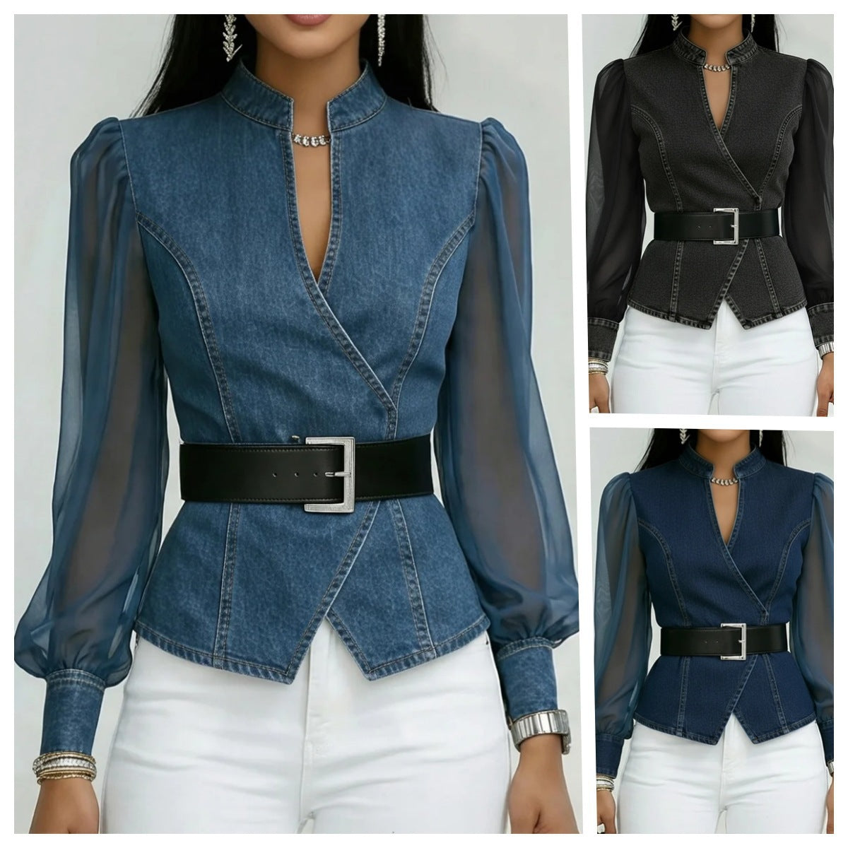 Damen Jeansbluse Tailliert Transparente Ärmel Blau - Eveloria
