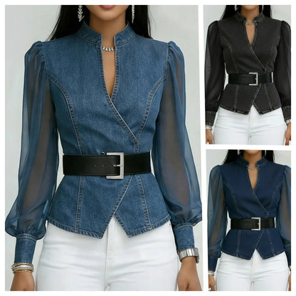 Damen Jeansbluse Tailliert Transparente Ärmel Blau - Eveloria