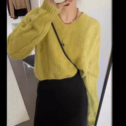 Damen Grobstrickpullover V-Ausschnitt Lässig Eveloria