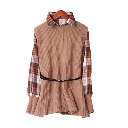 Damen Strickpullover mit Karomuster und elastischem Gürtel
