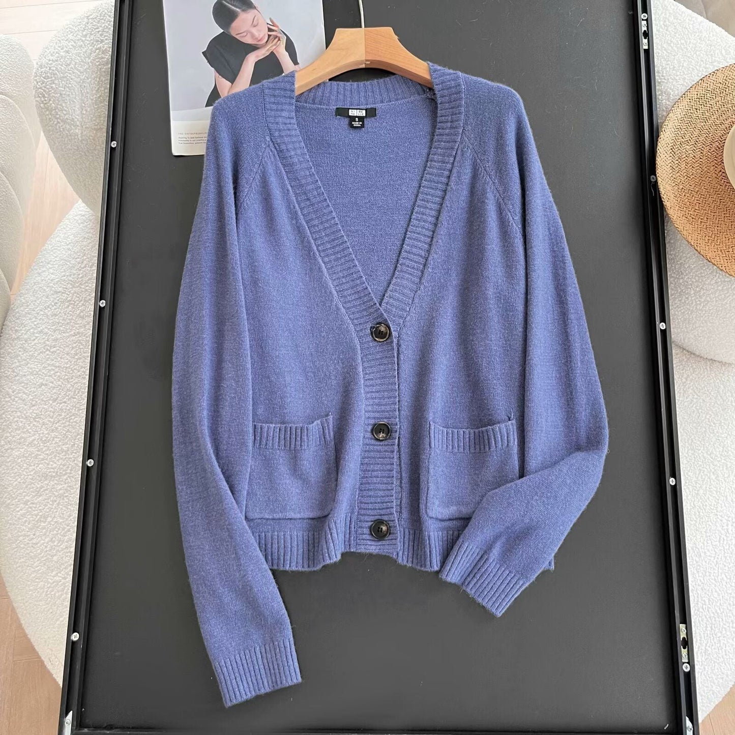 Damen Strickjacke Elegantes Design Praktische Taschen Anthrazit