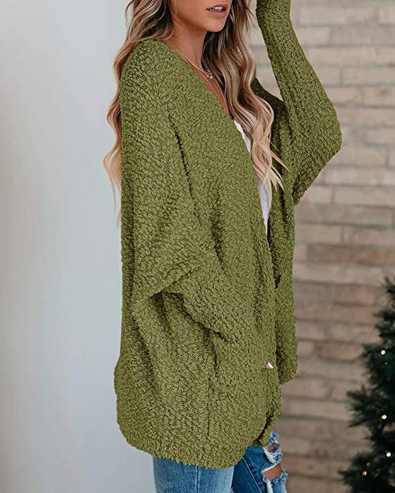 Damen Strickjacke Offener Schnitt Große Taschen Kuschelig Beige