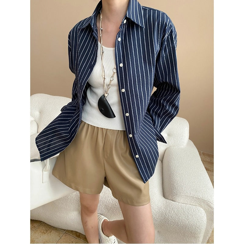 Damen Hemdbluse Streifen Elegant Knöpfe Blau