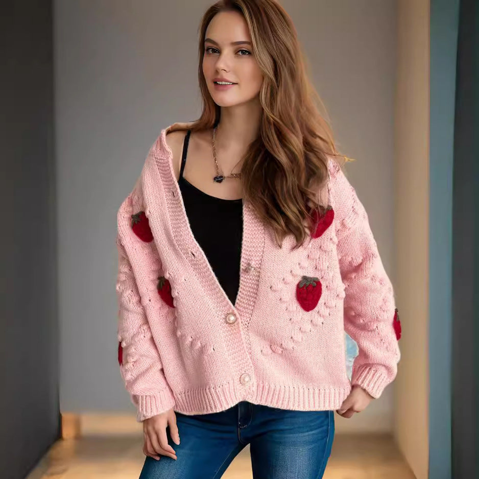 Damen Strickjacke Erdbeer Stickerei Knopfverschluss Rosa - Eveloria