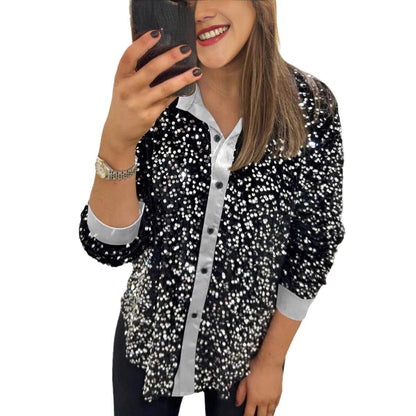 Damen Paillettenbluse Klassischer Kragen Langer Ärmel Glitzer Effekt