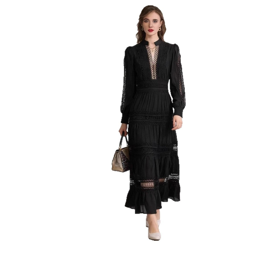 Damen Maxikleid Transparente Einsätze Rüschendetails