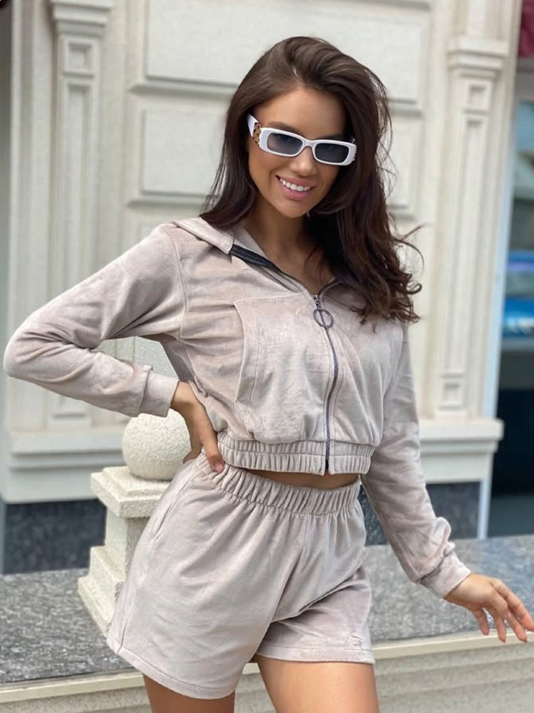 Damen Cropped Hoodie Set Kurze Hose Baumwolle Grau