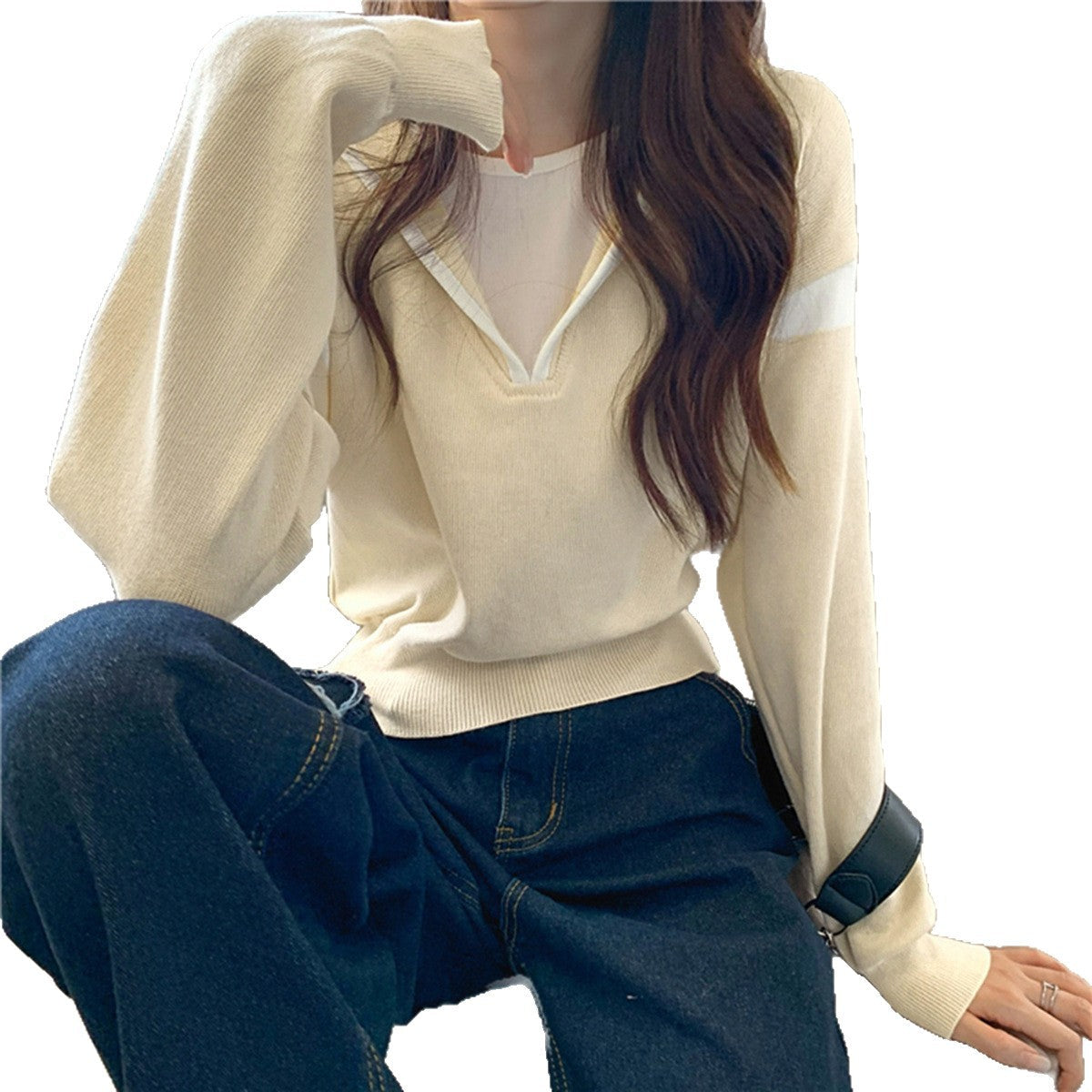 Damen Pullover V-Ausschnitt Oversized Baumwolle Beige