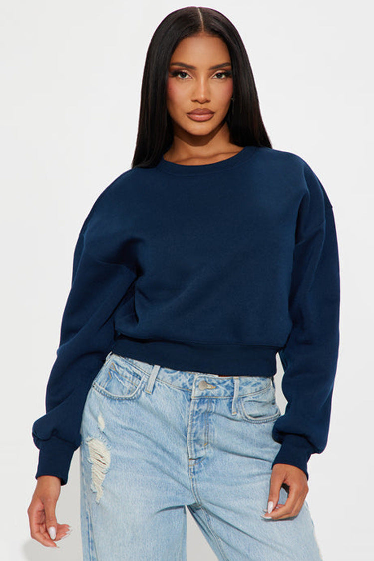 Damen Cropped Sweatshirt Überschnittene Schultern Breiter Saum Grau