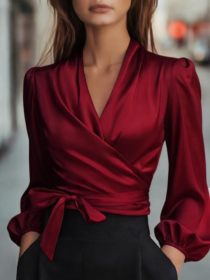 Damen Wickelbluse Satin Puffärmel Eveloria