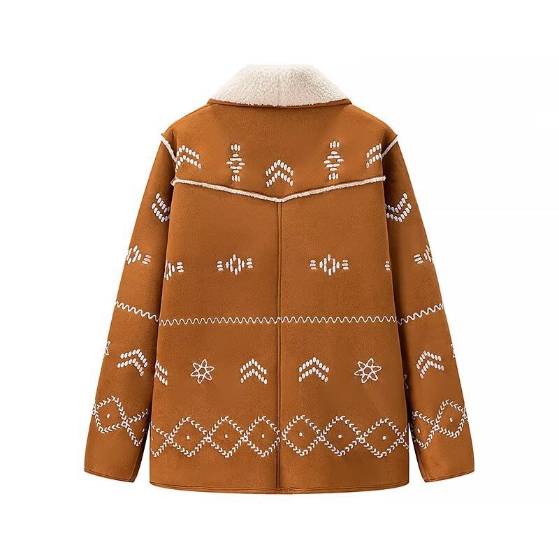 Damen Teddyjacke Warm mit Stickereien Braun