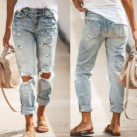 Damen Boyfriend Jeans Destroyed Lässig Blau - Eveloria