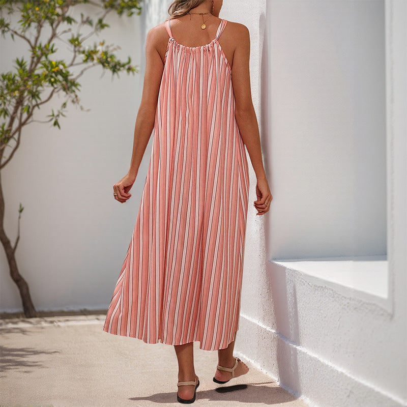Damen Maxikleid mit Bindegürtel und Streifen