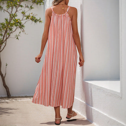 Damen Maxikleid mit Bindegürtel und Streifen