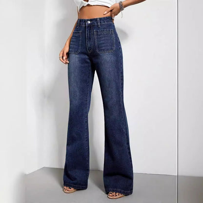 Damen High-Waist Jeans Weite Passform Seitentaschen Lässig Blau