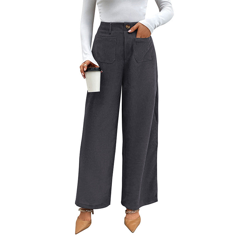 Damen Hochtaillierte Weite Hose mit Taschen und Knöpfen