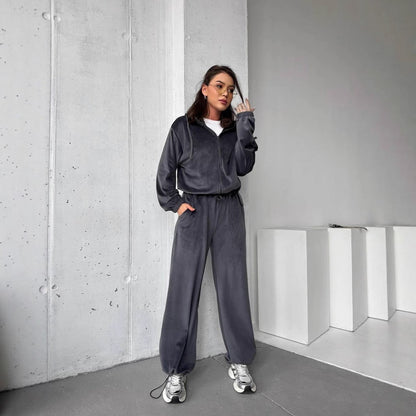 Damen Fleece Sportanzug Lässig Mit Taschen
