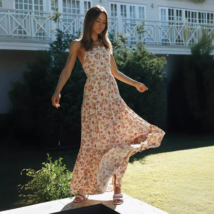 Damen Maxikleid Blumenprint Spitzen-Träger Pastell