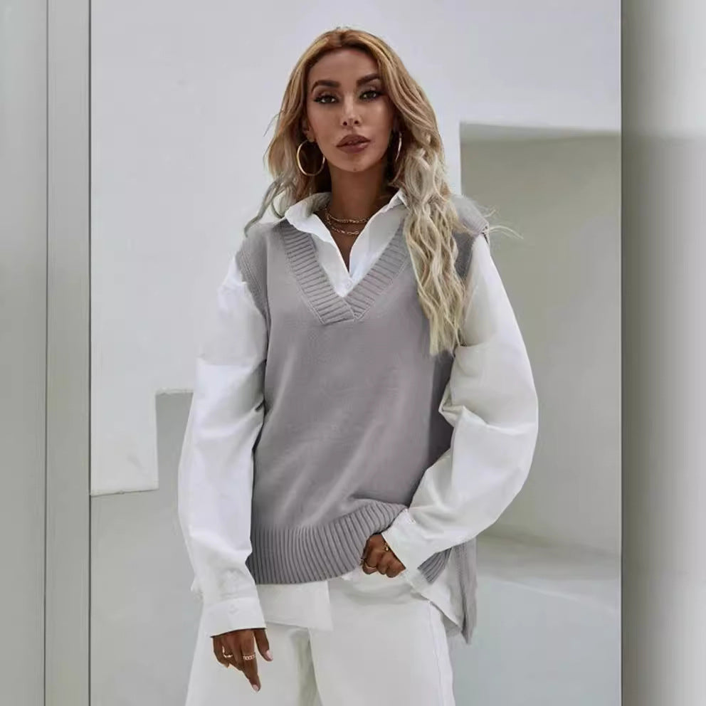 Damen Stricküberwurf V-Ausschnitt Lässig Beige