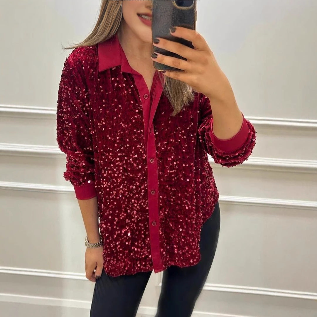 Damen Paillettenbluse Klassischer Kragen Glitzer Effekt