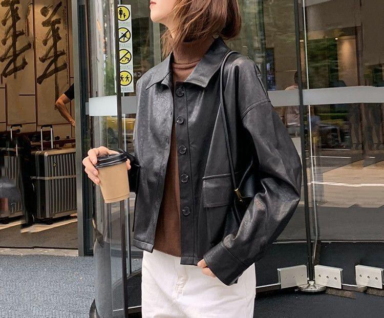 Damen Lederjacke Kurz Dekorative Knöpfe Eveloria