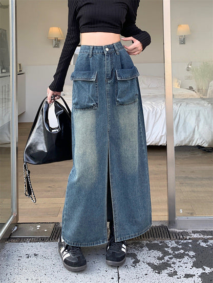 Damen Denimrock Lang Mit Taschen Blau Eveloria