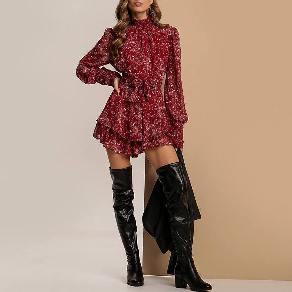 Damen Minikleid Rüschen-Details Hoher Kragen