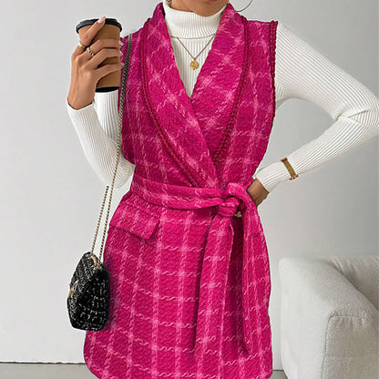 Damen Wickelkleid Karomuster Taillengürtel