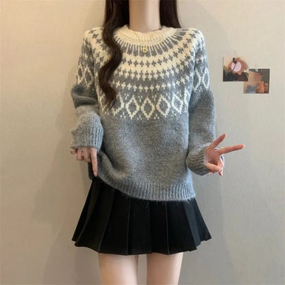 Damen Strickpullover Nordisches Muster Weich Grau