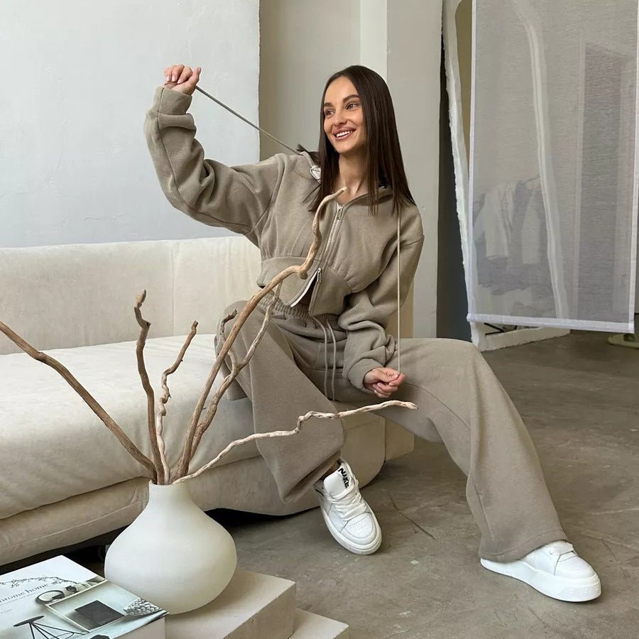 Damen Fleece-Loungewear-Set mit Kapuze und verstellbarem Bund